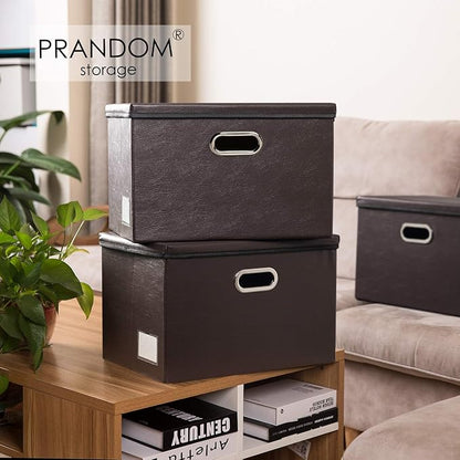 PRANDOM Collapsible Storage Bins with Lids [3-Pack] Leather Fabric Foldable Storage Boxes Organizer Containers Baskets Cube with Cover for Bedroom Closet Office Nursery Brown (14.9x10.8x10)