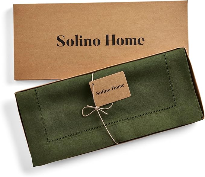 Solino Home Linen Olive Table Runner 144 Inches Long - 100% Pure Linen Extra Long Table Runner 14 x 144 Inch for Fall, Autumn, Thanksgiving - Classic Hemstitch