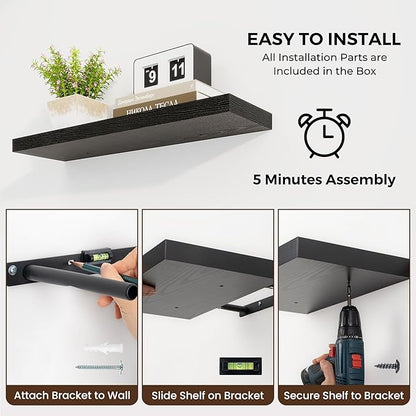 36 inch Floating Shelves Wall Shelves for Office with Invisible Brackets, 8 inch Deep Shelves for Bathroom, Living Room, Kitchen, Office, 36x7.9 inch deep Set of 2, Black