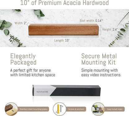 Premium 10 inch Magnetic Knife Holder for Wall with 2x Storage & Charming Wood - Knife Magnetic Strip, Under Cabinet Magnet Knives Storage - Magnet Strip Rack Kitchen Utensil Holder Organizer Tool