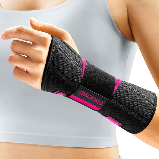 FREETOO Wrist Support Brace Left Hand for Tendonitis, Sprained Wrist, Pain Relief Wrist Splint for Carpal Tunnel, Arthritis, Fit Women and Men, Wrist Immobilizer for Sleeping (L/XL, Black/Pink)