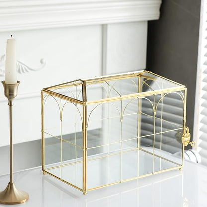 Glass Card Box with Slot, 10.2 inch Large Gold Clear Card Box for Wedding Receptions, Decorative Storage Box with Lock for Baby Shower, Birthday Party, Bridal Shower