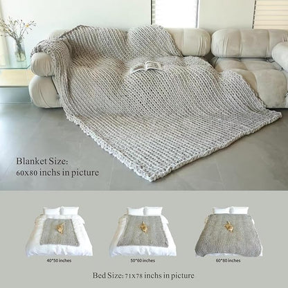 Maetoow Tighter Version Chenille Chunky Knit Blanket Throw （60×80 Inch）, Handmade Warm & Cozy Blanket Couch, Bed, Home Decor, Soft Fleece Banket, Boho Thick Blankets and Giant Yarn Throws，Beige