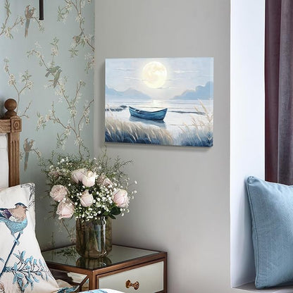 amatop Coastal Bathroom Wall Art Blue Beach Nautical Ocean Nature Canvas Picture with Boat Moon Lake Mountain Sea Relaxing Serene Landscape Gallery Wrapped Artwork for Modern Home Bedroom Decor 16x12