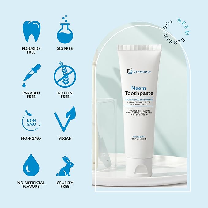 Fluoride-Free Neem Toothpaste with Mint for Adults & Kids with Sensitivity | Vegan, Gluten & SLS Free Herbal Formula for Sensitive Teeth, Healthy Gums and Fresh Breath, 4.23 oz (120 g) Pack of 2 by M3
