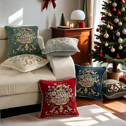 2 Pcs Grey Chenille Vintage Embroidered Throw Pillow Covers 18x18in,Grey Tassel Vintage Pattern Pillow Covers, Floral Embroidered Cushions Covers for Sofa Couch Bed Chairs Car