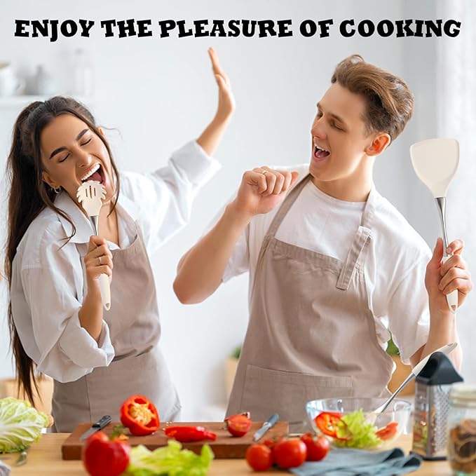 Premium White Silicone Cooking Utensils Set-Non-Toxic, Heat Resistant, BPA Free Kitchen Utensils Set with Spatula, Spoon, Whisk & Tongs-Non-Stick& Dishwasher Safe for Nonstick Cookware