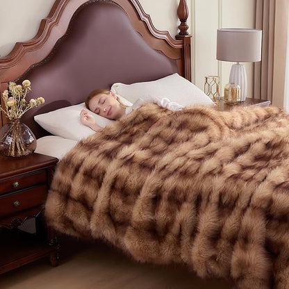 Fluffy Faux Fur Throw Blanket – Super Soft Warm Thick Plush Blanket for Bed, Couch & Office, Cozy Fuzzy Throw with Flannel Backing,60"x80", Brown
