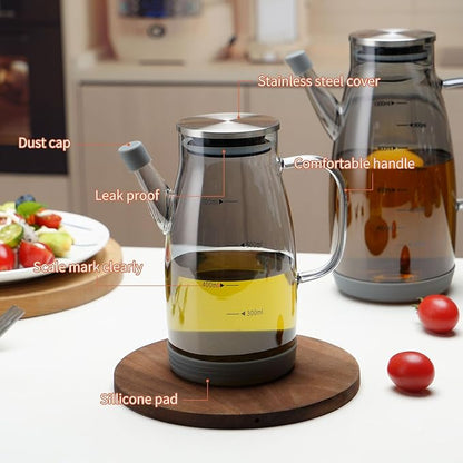 Large Glass Oil Dispenser Bottle for Kitchen Cooking Recipiente Para Aceite De Cocina Olive Oil Vinegar Dispenser Cruet Stainless Steel Lid No Drip Liquid Container (Grey, 20oz / 600ml)