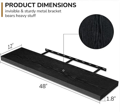 Fun Memories Floating Shelves - 12 Inch Rustic Wooden Wall Shelves - Extra Deeper & Thicker Wall Mounted Storage Shelf for Living Room, Kitchen, Farmhouse - 48" W x 12" D x 1.8" H - Rustic Black