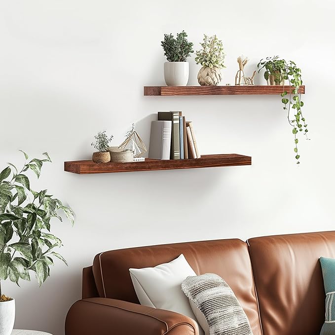 Floating Wall Shelves 2-Pack - 24-Inch Rustic Brown Wooden Shelves for Storage and Décor, Easy Installation for Living Room, Bedroom, and Kitchen