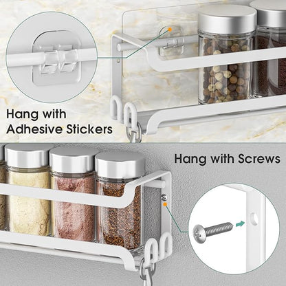 LUCYCAZ 6 Pack Wall Mounted Spice Rack with 22 Hooks, Spice Organizer Shelf for Stove Cabinet Pantry Door,Screw or Adhesive Spice Shelf Hanging Wall Spice Rack in Kitchen and RV (White, 6 PACK)