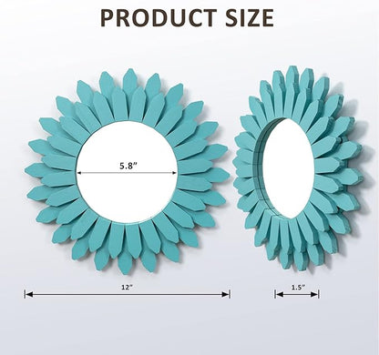 Honiway Beach Wall Decor Mirror 12 inch Wood Coastal Wall Decor Sunburst Boho Home Decor Room Decor for Bedroom Living Room Bathroom Cyan