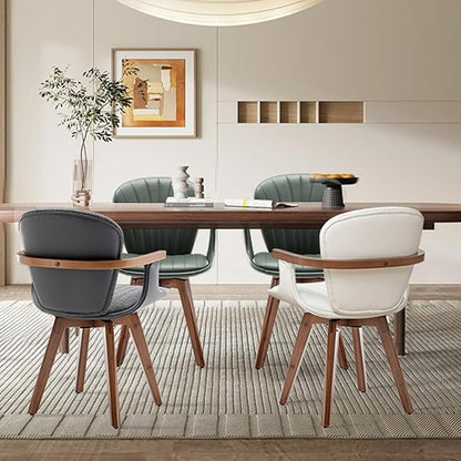 LUNLING Swivel Dining Room Chairs Set of 2, Mid Century Modern Green Faux Leather Kitchen Chairs with Arms,Bamboo Legs Side Chairs No Wheels,Accent Chair for Dining Rooms and Offices