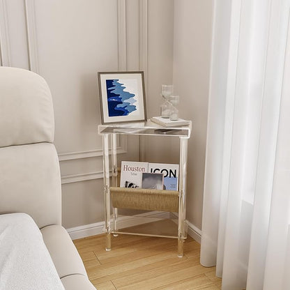 Eglaf Acrylic Narrow Side Table for Small Spaces - Slim End Table with Magazine Holder - Skinny Side Table Small Bedside Table Nightstand for Living Room Bedroom- 15.7” L x 7” W x 23.9” H, Clear