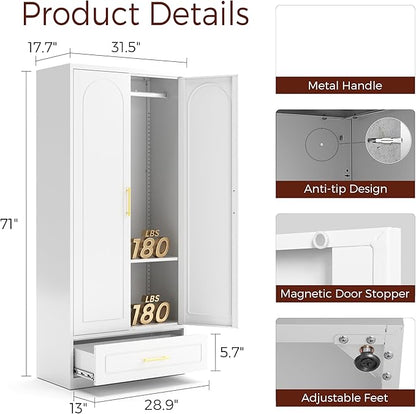 Metal Armoire Wardrobe Closet with 2 Doors, 71" Tall Wardrobe Cabinet with Hanging Rod, Drawers and Adjustable Shelves, White Clothing Storage Cabinets for Bedroom, Home Office