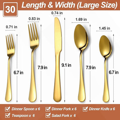Lazycorner 30 Pcs Gold Silverware Set for 6, Food Grade Stainless Steel Flatware Set Include Fork/Knife/Spoon, Mirror Polished Eating Utensils Sets, Reusable Silverwear Cutlery Set, Dishwasher Safe