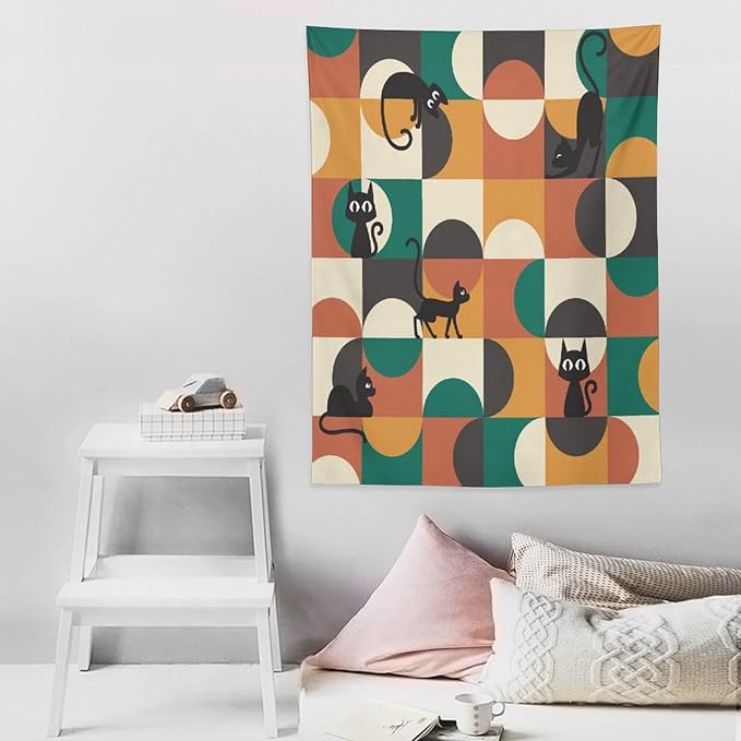 ICMOLYYENLO Boho Medieval Cat Tapestry, Abstract Atomic Starburst Geometric Aesthetic Art Wall Hanging For Bedroom Living Room Dormitory 40x60 Inches