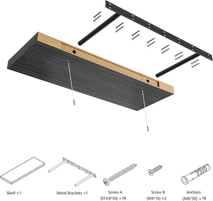 Large Floating Shelves for Wall Set of 1 Wooden Wall Shelves 36 in x 12.75 in x 2 in Room Decor Long Shelf with Invisible Wall Mount Bracket for Bedroom Kitchen Living Room Black Wood