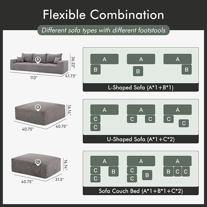 Boneless Sectional Cloud Couch Sofa for Living Room, 112" U-Shaped Modular Modern Lounge Sleeper Grey Couches with Chaise, No Assemble, Cordury Compression Upholstered Sofas