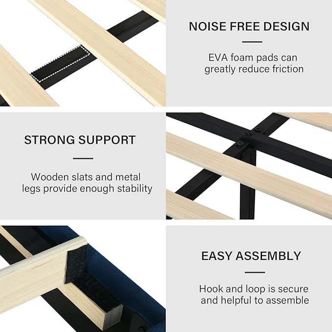 Queen Size Bed Frame with Headboard, Velvet Upholstered Platform Bed with Vertical Channel Tufted Design, No Box Spring Required, Easy Assembly, Blue