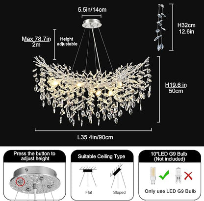 Modern Crystal Silver Chandelier, 36" Large Rectangular Oval Tree Branch Crystal Chandeliers for Dining Room,16-Light Flush Mount K9 Crystal Chandeliers, for Kitchen Island,Dining Room