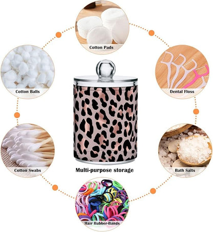 2 Pack Qtip Holder Dispenser Rose Gold Black Leopard Bathroom Storage Canister Lid Acrylic Plastic Apothecary Jar Set Vanity Makeup Organizer for Cotton Swab/Ball/Round Pads, Floss