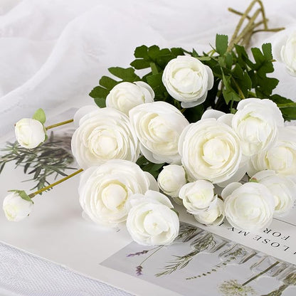 Silk Ranunculus Flowers 23.6 Inch Tall-5 Stems Artificial Buttercup Flowers for Wedding Bouquets, Centerpieces,Home Decor,Floral Arrangements (White,UV Resistant)