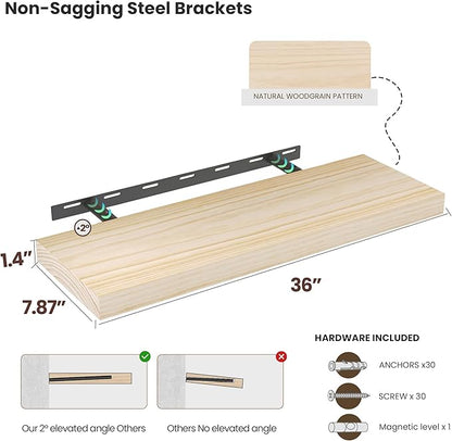 Light Wood Floating Shelves 36”x 8”x 1.4” Book Shelf Floating for Wall Mounted, Heavy Duty Shelf Hold 80 lbs, Unfinished Rustic Wall Shelves for Bedroom, Living Room, Kitchen, Office, Laundry Room