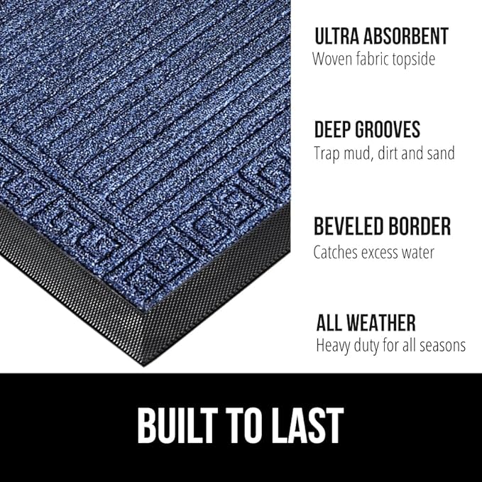 GORILLA GRIP 100% Waterproof All-Season WeatherMax Doormat, 72x24, US Designed Natural Rubber, Stain and Fade Resistant, Low Profile Indoor Outdoor Door Mats, Easy Clean Patio Mat, Navy Greek Keys