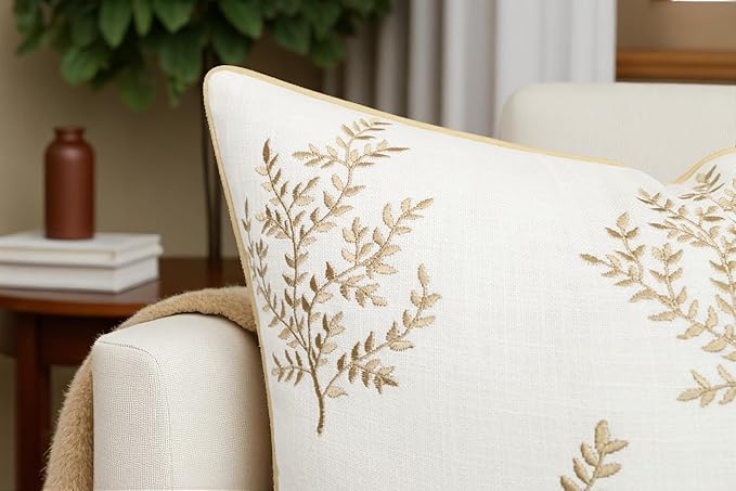 VAGMINE Embroidered Leaves Throw Pillow Cover - 18x18 Inches Square - 100% Cotton Ivory Decorative Cushion Cover - Minimalistic Pattern - Soft Neutral Accent for Sofa, Bed, Couch, Farmhouse Décor