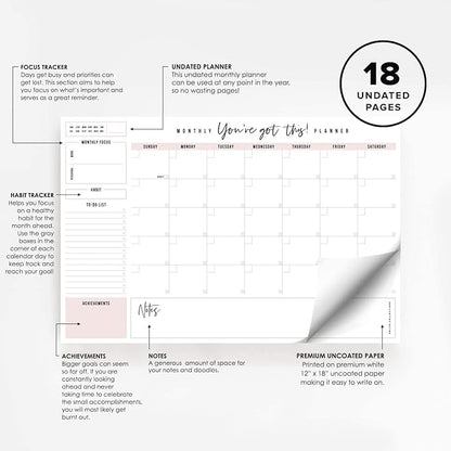 Bliss Collections Monthly Planning Pad, To Do List Notebook - Undated Tear-Off Sheets Notepad - Work Calendar, Organizer, Scheduler for Goals, Tasks - You've Got This (Pink), 12" x 18", 18 Sheets