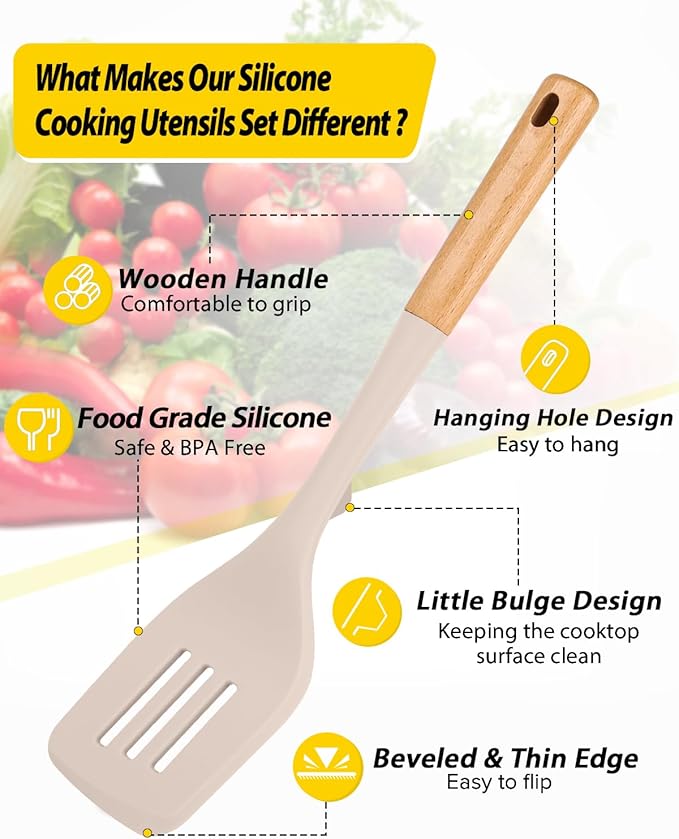 Silicone Kitchen Utensil Set for Non Stick Cookware, 7 Pcs Heat Resistant Cooking Utensils with Wooden Handle, BPA Free Kitchen Tools with Spatulas, Spoons, Skimmer and Pasta Fork (KHAKI)