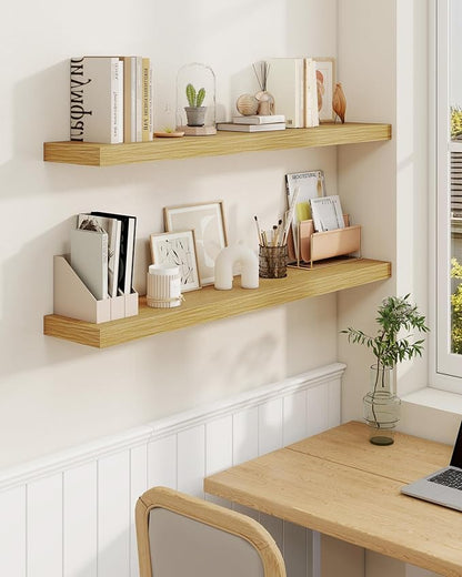 Marsmiles 48" Floating Shelves for Wall, Wooden Shelves with Invisible Brackets Set of 2, Rustic Farmhouse Wall Mounted Shelf for Kitchen Bathroom Living Room Study, Natural Oak