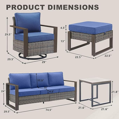 Outdoor Wicker Patio Furniture Set - 6 Piece Patio Conversation Set with 2 Wicker Swivel Rocker Chairs,2 Rattan Ottoman,1 Side Table and 1 Couch,Thick Cushions,Deep Seating(Mixed Grey/Blue)