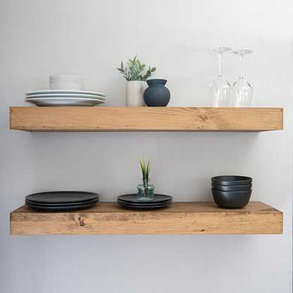 Modern Floating Shelves 3 Inches Thick for Wall, Wide Shelves for Kitchen, Living Room, Bedroom, and Bathroom, Natural Pine Wood, Rustic Wooden Shelf, (Set of 2) (Aged Oak, 36Lx3Hx6D)