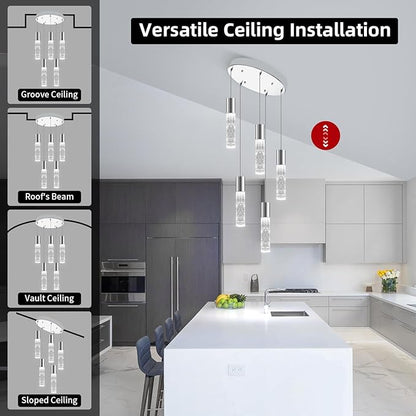 OKELI 5-Light Pendants Light for Kitchen Island Dining Room, 6000K Bubble Crystal Modern LED Kitchen Hanging Lights, 30W Chrome Pendant Lighting Fixture, Round