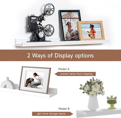 Fun Memories Picture Ledge Shelf, 24 Inch Floating Shelves Set of 2, Nursery Book Shelves for Toys Storage, Kids Bookshelf Wall Mounted for Wall Decor Books Photo Frames, White