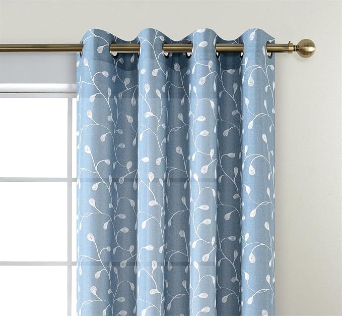 MIUCO Floral Embroidered Semi Sheer Curtains Faux Linen Grommet Curtain Set for Bedroom 52 x 95 Inch, Dusty Blue