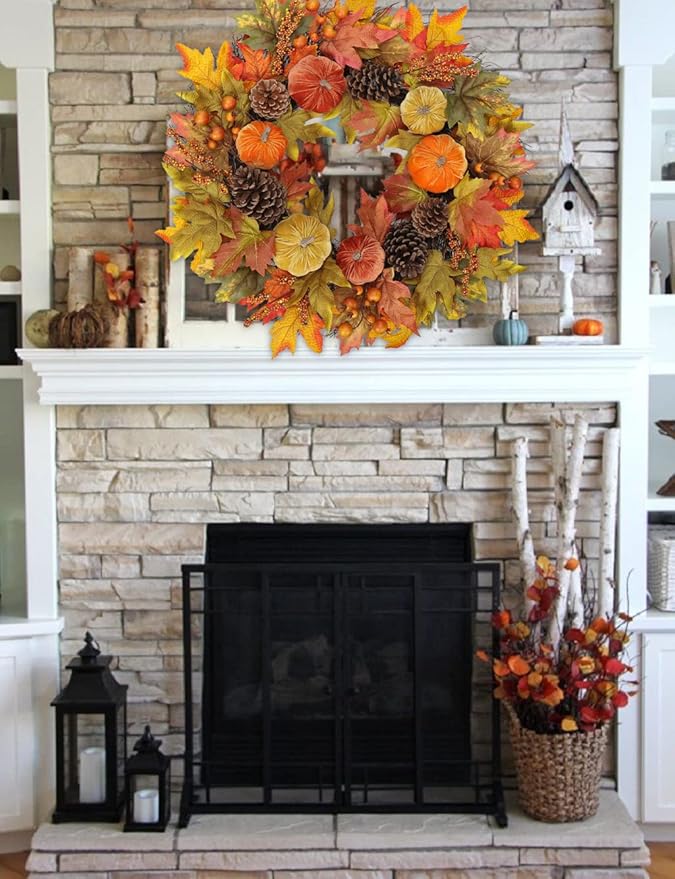 Fall Wreaths for Front Door 26'' Autumn Velvet Pumpkin Wreath with Metal Hook Large Harvest Maple Wreath Fall Decoration for Home Halloween Thanksgiving Decoration, Briful