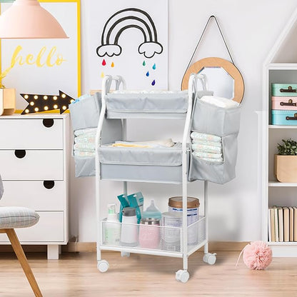 Moteph Rolling Utility Cart with Side Storage - Diaper Organizer, Nursery Essentials, and Craft Organizer (with_Side_Storage)