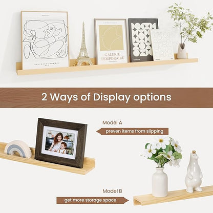 Picture Ledge Shelf, Solid Pine Wood Floating Shelves Set of 2, 32 Inches Nursery Book Shelves for Toys Storage, Kids Bookshelf Wall Mounted for Living Room Decor Photo Frames, Unfinished Natural