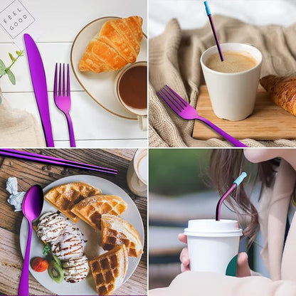 Travel Utensils Set with Case Reusable Portable Cutlery Set Stainless Steel 8pcs Including Dinner Knife Fork Spoon Chopsticks straws (Purple)