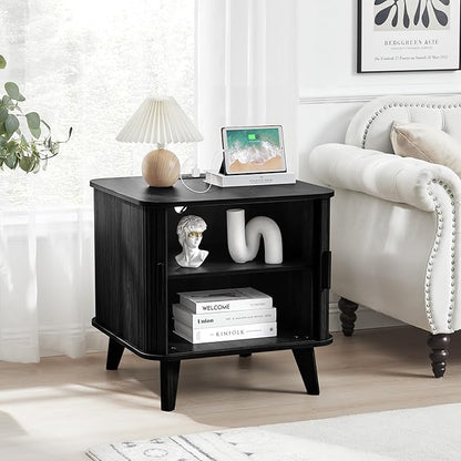 AVZEAR 24" Large Square End Table with Charging Station, Farmhouse Fluted Sofa Side Table with Sliding Tambour Door & Storage, Curved Rustic Wood Nightstand for Living Room, Bedroom, Black