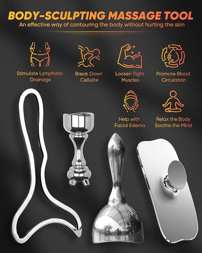 ONUEMP Stainless Steel Therapy Massage Tools, Gua Sha Scraping Body & Face Massager, Maderoterapia Kit Colombiana for Ice Body Sculpting, Lymphatic Drainage, Cellulite Remover, Relieve Sore Muscle