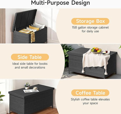 158 Gallon XL Deck Box with Lid, All Weather Wicker Outdoor Storage Box Waterproof, Large Outdoor Patio Storage Bin for Cushions, Garden Tools, Gears, Pool Accessories, Black