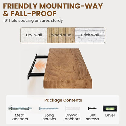 Fun Memories Rustic Elm Wood Floating Shelves for Wall, 48" Floating Shelf Wall Mounted, Long Floating Disply Shelf with Heavy-Duty Bracket for Living Room, Kitchen, Bathroom, Natural Color, Set of 1