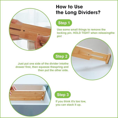 ANTOWIN Bamboo Drawer Dividers Organizers 16pcs, Expandable Drawer Separators Splitter, 17-22 inches Long Adjustable Spring-loaded Organizer for Large Utensil, Clothes, Tools Drawers (8+8)