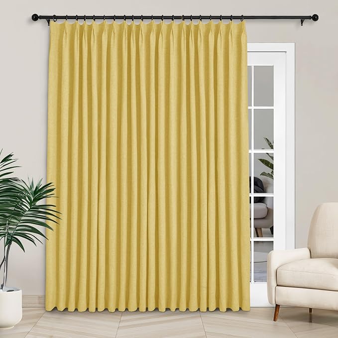 Macochico Extra Wide 100% Blackout Linen Curtains for Sliding Door Pleated Curtains with Hooks Insulated Soft Linen Drapes for Bedroom Living Room with Tieback Yellow 100”Wx84”L 1 Panel