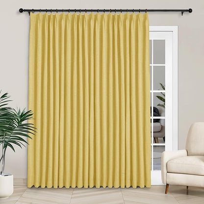Macochico Extra Wide 100% Blackout Linen Curtains for Sliding Door Pleated Curtains with Hooks Insulated Soft Linen Drapes for Bedroom Living Room with Tieback Yellow 100”Wx84”L 1 Panel